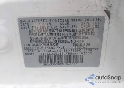 2019 Nissan Versa Note Sv из США, поврежденный, VIN 3N1CE2CP0KL362289